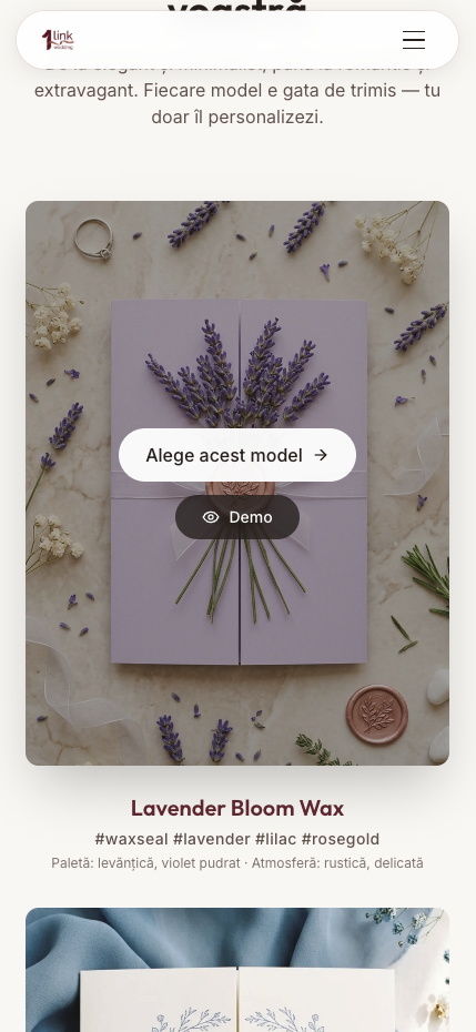Ecran galerie modele cu butoane Alege acest model și Demo